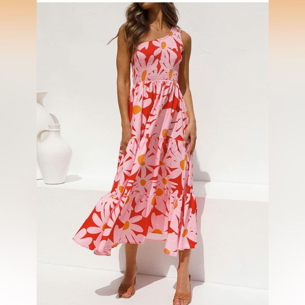 Romantic Red & Pink Floral One-Shoulder Midi Dress - Size Large